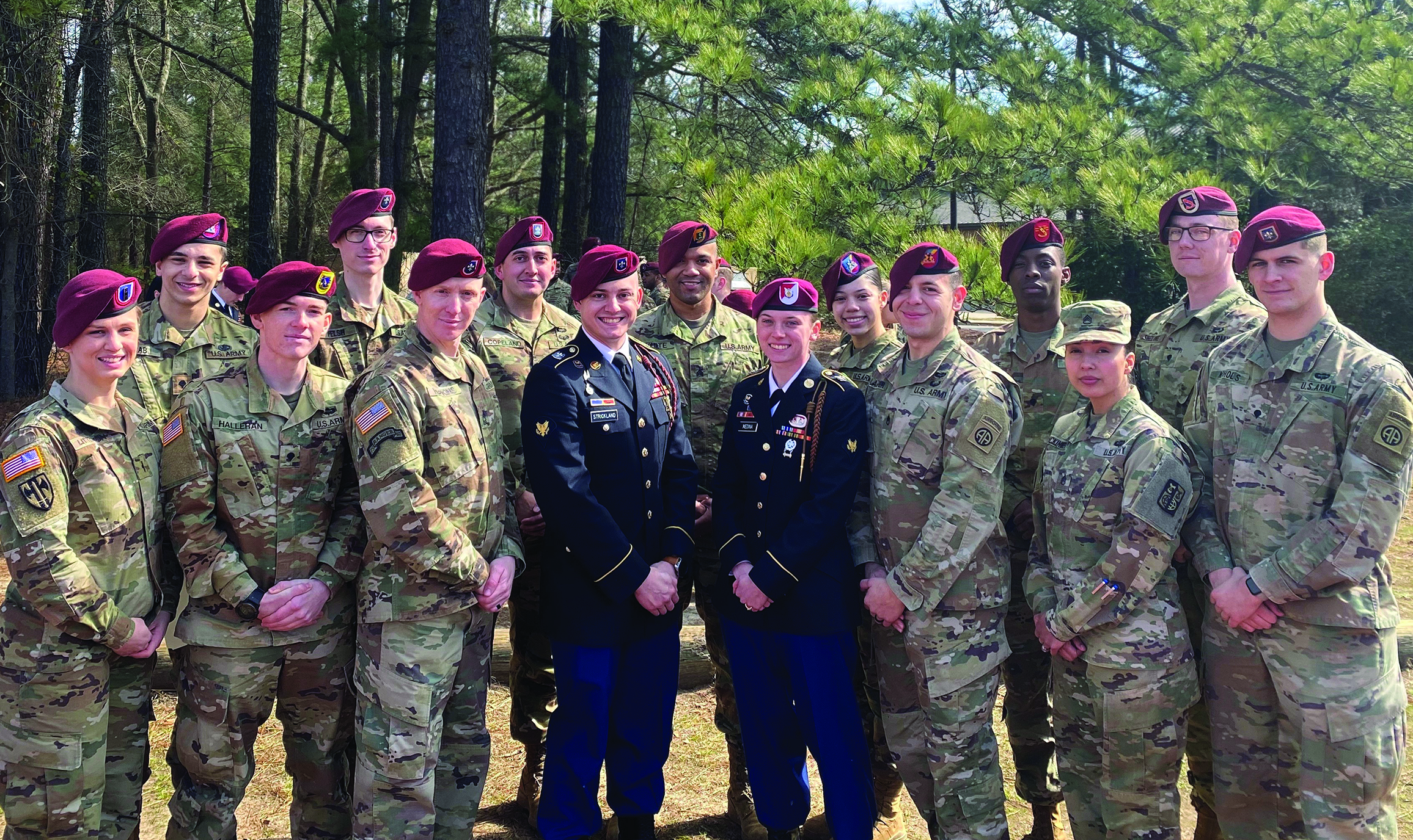 On 28 February 2020, MSG Dan Hopkins and members of the 82d Airborne Division OSJA gathered to congratulate the most recent All-American graduates of the Fort Bragg Noncommissioned Officers Academy Basic Leader’s Course. The graduates (pictured center left to right) are SPC(P) Jacob Strickland of HHBn, 82d ABN DIV and SPC(P) Tiffany Medina of 82d ABN DIV Combat Aviation Brigade. (Not pictured: CPL(P) Jordan Reyes of 3d BCT, 82d ABN DIV